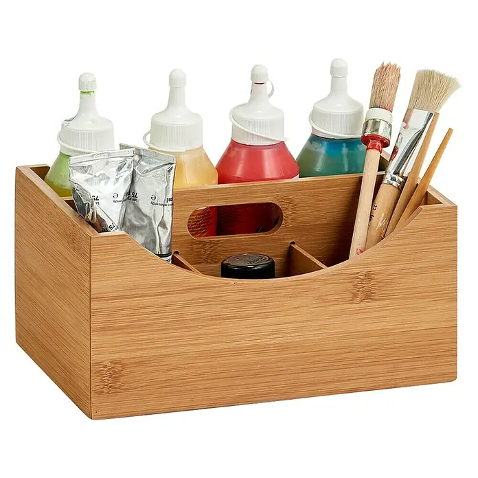 Zeller Present HolzkisteL x B x H: 25 x 18 x 12 cm, Braun, Bambus - Holzfarben-Organizer mit Farbtuben, Farbflaschen und Pinseln, ideal zur Aufbewahrung von Malutensilien.