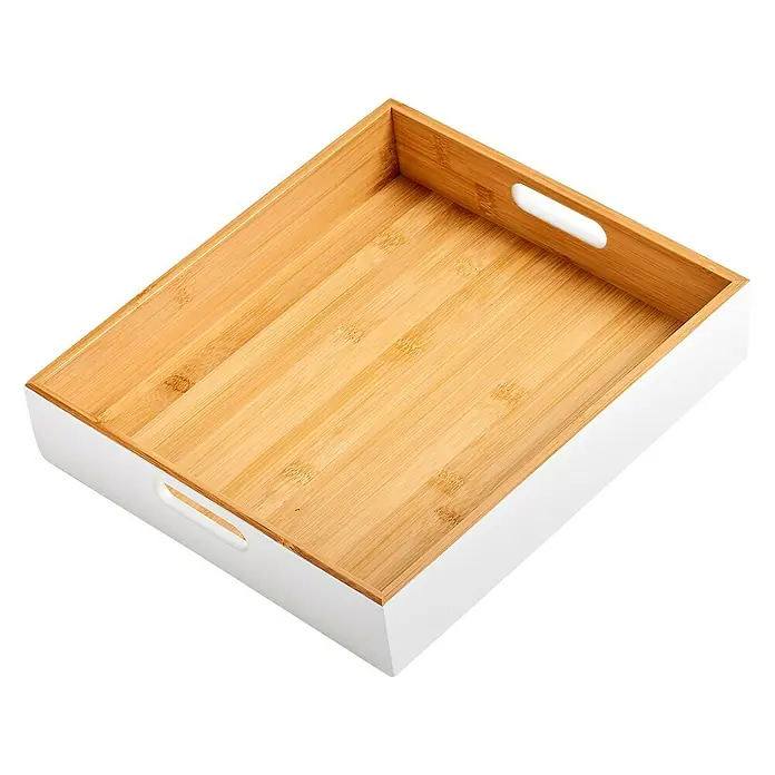 Zeller Present Holzkiste - L x B x H: 30 x 27 x 6 cm, Weiß, Holz - Ein rechteckiges Serviertablett mit weißen Seiten und einem Holzinneren mit integrierten Griffen, perfekt für den Transport von Speisen und Getränken.