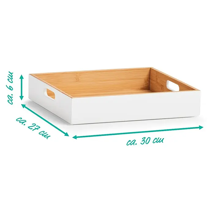 Zeller Present Holzkiste - L x B x H: 30 x 27 x 6 cm, Weiß, Holz - Bild einer weißen, rechteckigen Aufbewahrungsbox aus Bambus mit Griffen und Größenangaben.
