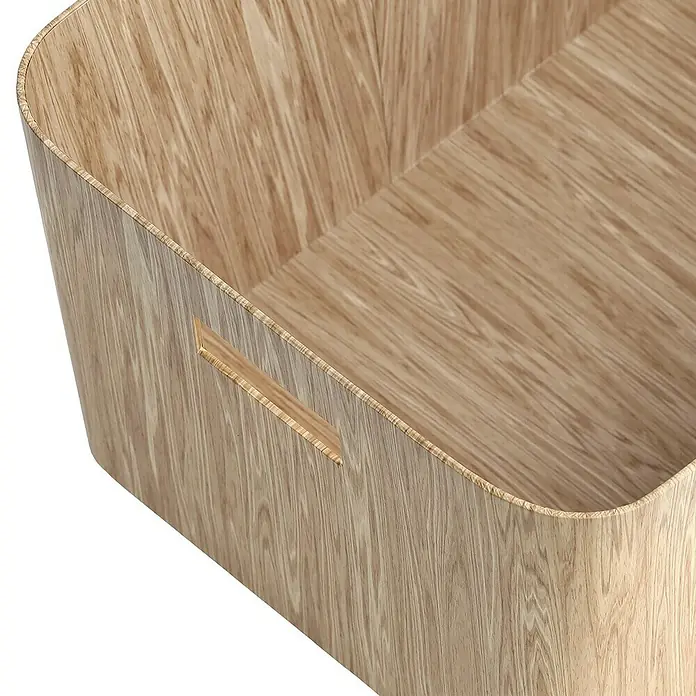 Zeller Present Aufbewahrungsbox - L x B x H: 39,5 x 30,5 x 20,3 cm, Pappe, Braun - Eine Nahaufnahme eines quadratischen Aufbewahrungskorbs aus hellem Holz mit Griffaussparungen. Ideal für die Organisation im Haushalt.