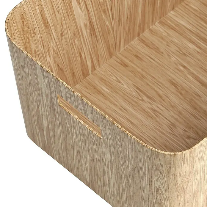 Zeller Present Aufbewahrungsbox - L x B x H: 30,5 x 22,9 x 15,2 cm, Pappe, Braun - Detailaufnahme einer rechteckigen Holzaufbewahrungsbox mit Griffmulden und sichtbarer Holzmaserung.