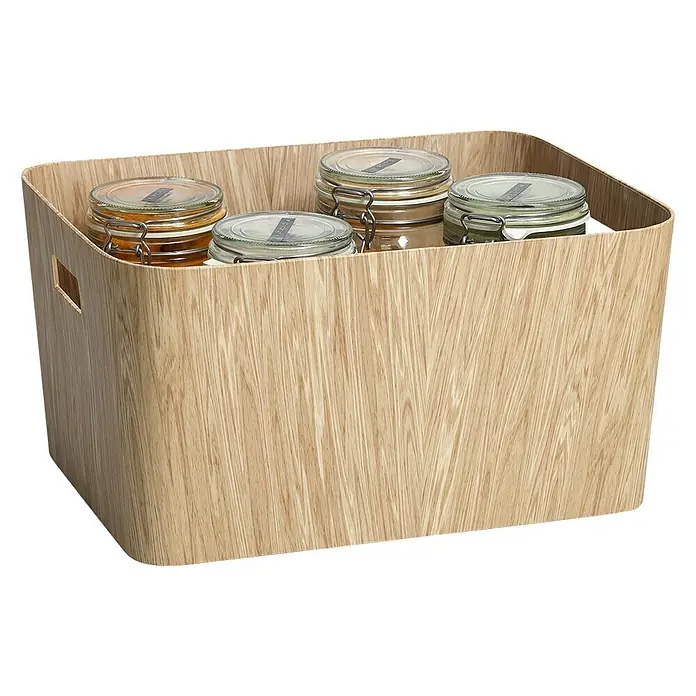 Zeller Present Aufbewahrungsbox - L x B x H: 39,5 x 30,5 x 20,3 cm, Pappe, Braun - Holzbehälter mit vier Vorratsgläsern, ideal für die Organisation von Küchenutensilien und Lebensmitteln, mit praktischen Griffen an der Seite.