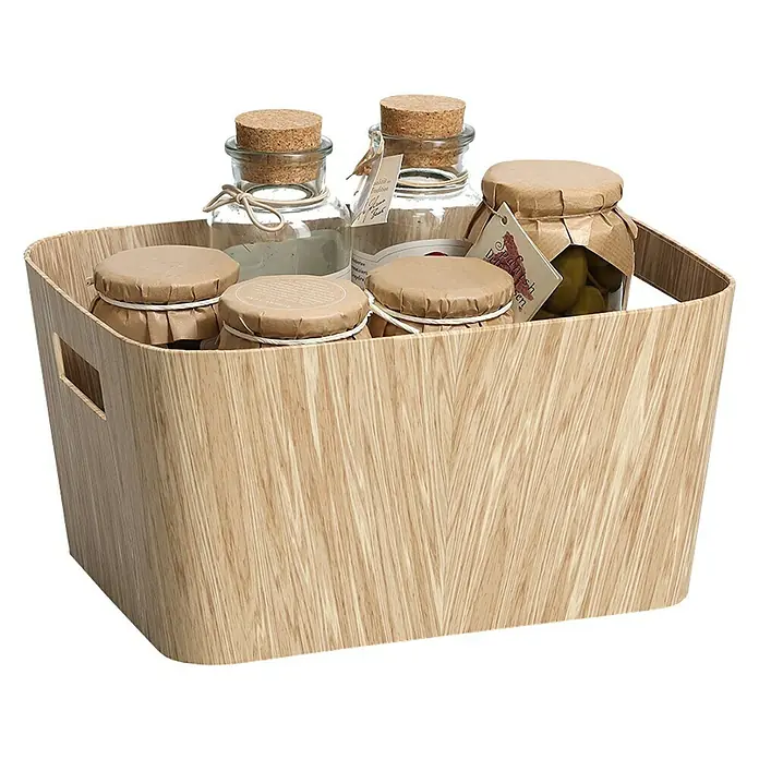 Zeller Present Aufbewahrungsbox - L x B x H: 30,5 x 22,9 x 15,2 cm, Pappe, Braun - Korb mit diversen Gläsern und Behältern, vielseitige Aufbewahrungslösung mit rustikalem Charme, ideal für Küche oder Bad.