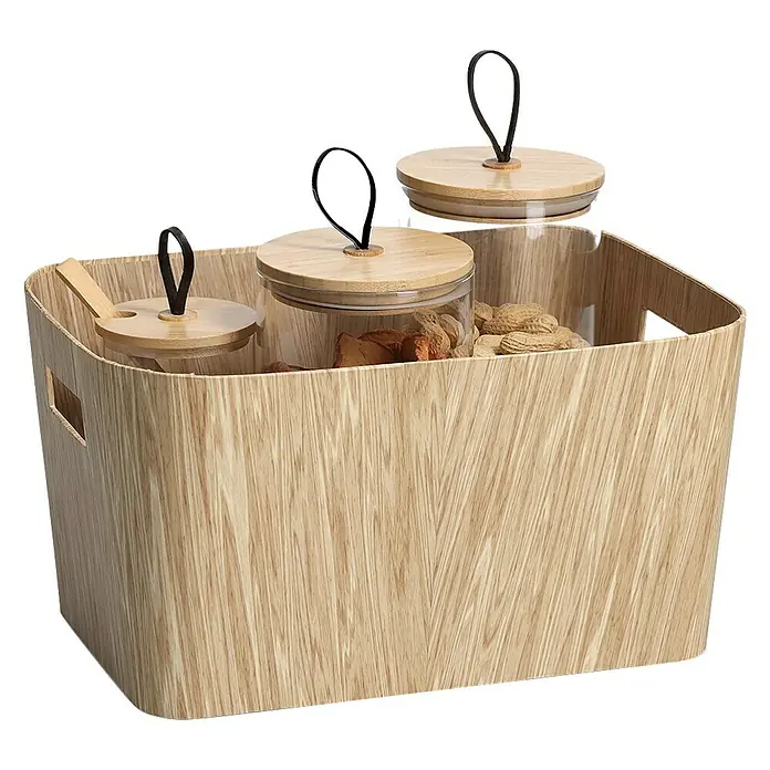 Zeller Present Aufbewahrungsbox - L x B x H: 34,2 x 24,5 x 18 cm, Pappe, Braun - Aufbewahrungskorb mit Glasbehältern und Holzdeckeln, ideal für Snacks und kleine Gegenstände. Praktische Aufbewahrungslösung für Küche und Wohnbereich.