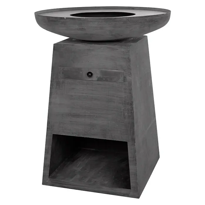 RedFire Plancha-Grill Orion - Ø x H: 80 x 100 cm, Stahl, Schwarz - Graue Feuerschale mit Holzsockel und praktischem Stauraum für Brennholz. Ideal für gemütliche Abende im Garten und wärmende Atmosphäre.