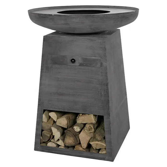 RedFire Plancha-Grill OrionØ x H: 80 x 100 cm, Stahl, Schwarz - Graue Feuerschale mit Holzständer, perfekt für gemütliche Abende im Freien. Der integrierte Holzschuppen sorgt für Ordnung und Komfort.
