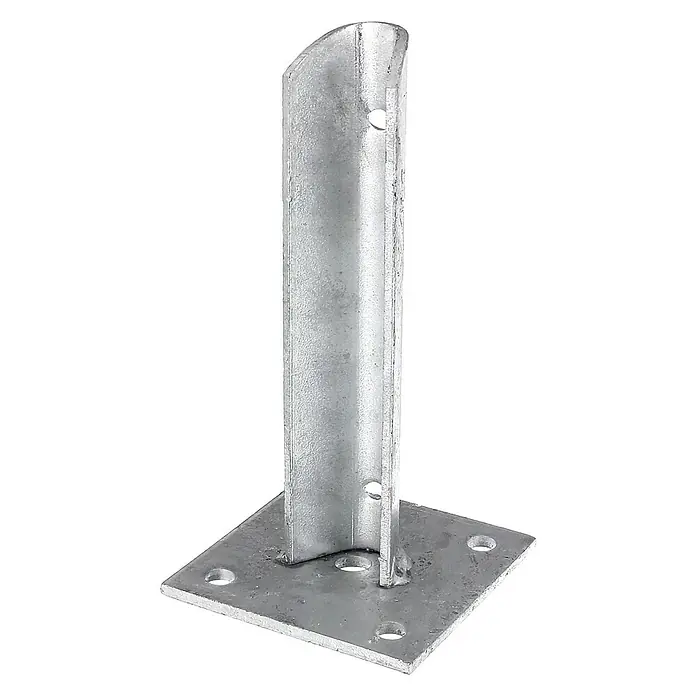 Alberts Pfostenträger - Stahl, Passend für: Pfosten mit Ø 38 mm - Ein verzinkter Pfostenträger mit quadratischer Grundplatte und einem U-förmigen Pfosten für sichere Befestigung.