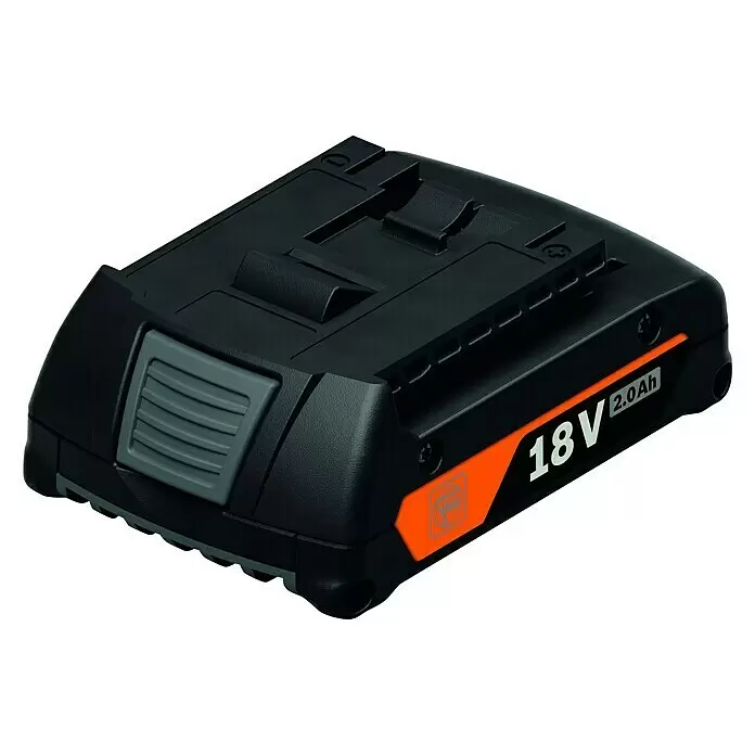 Fein AMPShare 18V Akku GBA 18V 2.0AH AS - 18 V, 2 Ah - Schwarzer 18V 2.0Ah Akku mit orangefarbenem Akzent und grauem Verschluss.