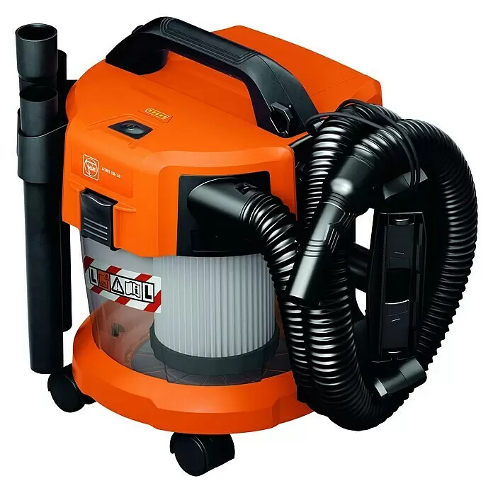 Fein AMPShare 18V Aspirador en seco y húmedo de batería ABS 18-10 AS - 18 V, Sin batería, Volumen de recipiente: 10 l - Aspiradora en seco/húmedo inalámbrica naranja y negra con manguera flexible y accesorios, sobre ruedas.