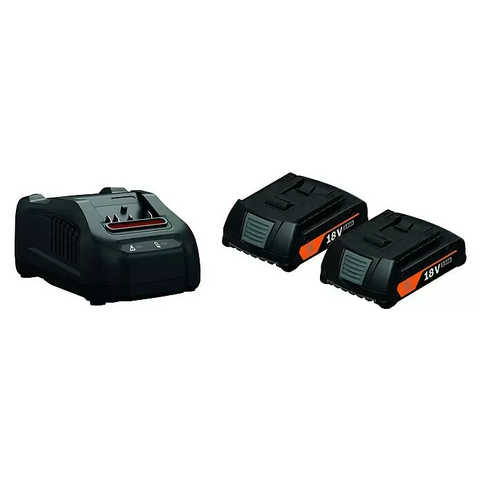 Fein AMPShare 18V Akku & Ladegerät GBA18V 2.0AH AS - 18 V, 2 Akkus, 4 Ah - Schwarzes Akkuladegerät mit zwei schwarz-orangen 18V 2.0Ah Akkus.