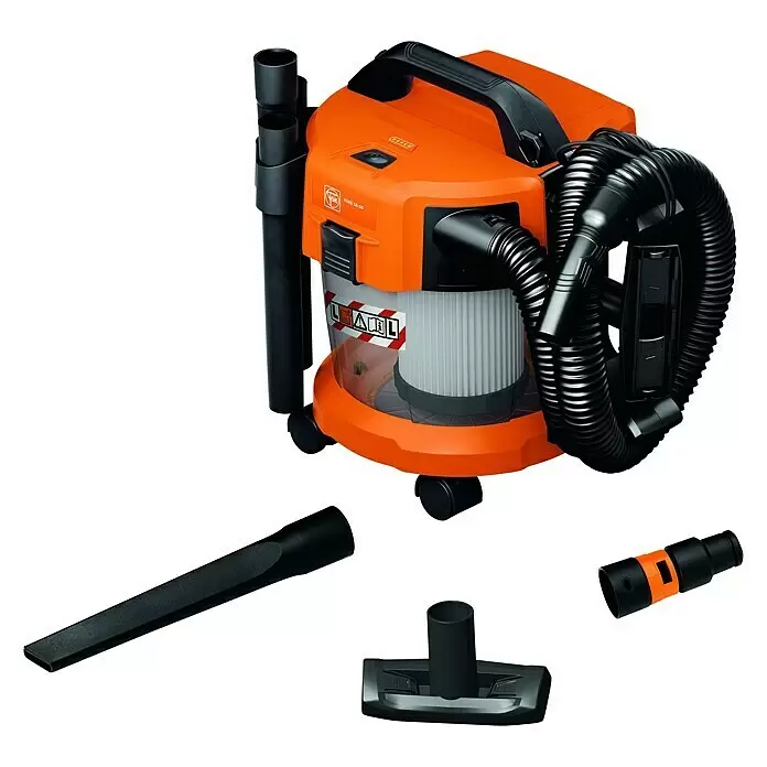 Fein AMPShare 18V Akku-Nass-Trockensauger ASBS 18-10 AS - 18 V, Ohne Akku, Behältervolumen: 10 l - Oranger und schwarzer Nass-/Trockensauger mit Schlauch, Griff und Rollen. Inklusive Fugendüse, Bodendüse und Schlauchadapter.