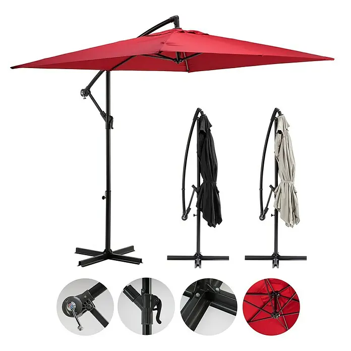 Sunfun Ampelschirm Toscana - Chili, Bespannungsmaß (L x B): 200 x 250 cm - Bild eines roten, quadratischen Sonnenschirms mit schwarzem Gestell, der Schatten spendet. Details von Mechanismus und Basis werden gezeigt.
