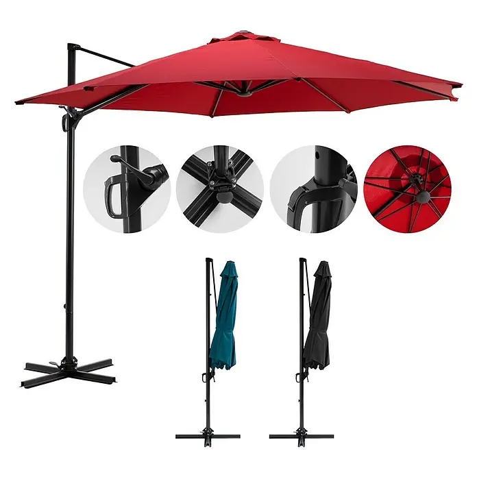 Sunfun Ampelschirm rund Florenz - Chili, Durchmesser Bespannung: 300 cm - Roter Ampelschirm mit Details und zwei Varianten in geschlossenem Zustand für den Garten oder die Terrasse.