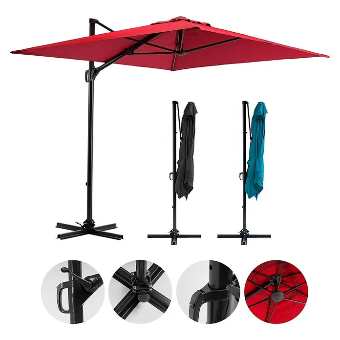 Sunfun Ampelschirm Florenz - Chili, Bespannungsmaß (L x B): 200 x 250 cm - Schirm: Roter quadratischer Terrassenschirm mit schwarzem Ständer, inklusive Nahaufnahmen der Details für Funktionalität und Design.