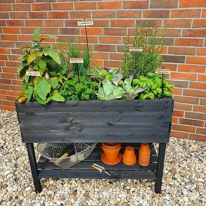 Promadino Hochbeet - 100 x 50 x 80 cm, Holz, Anthrazit - Hochbeet aus Holz mit verschiedenen Kräutern und Gemüsesorten. Praktische Aufbewahrungsebene für Gartengeräte und Töpfe.
