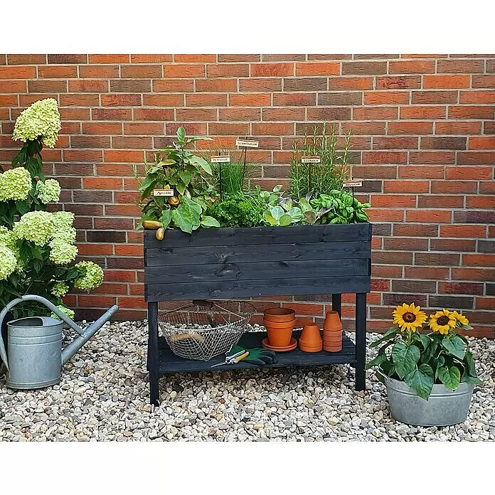 Promadino Hochbeet - 100 x 50 x 80 cm, Holz, Anthrazit - Schwarzes Hochbeet aus Holz mit Kräutern und Gemüse auf einer Kiesterrasse, mit Gartengeräten und Terrakottatöpfen im Regal.