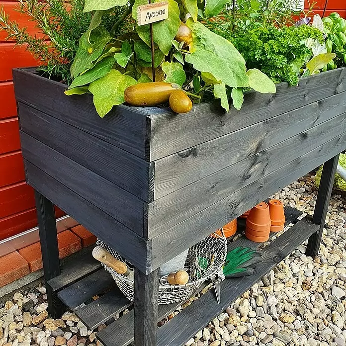Promadino Hochbeet - 100 x 50 x 80 cm, Holz, Anthrazit - Dunkles Hochbeet aus Holz mit Kräutern und Pflanzen, mit einer unteren Ablage für Gartengeräte wie Terrakottatöpfe und Drahtkorb.