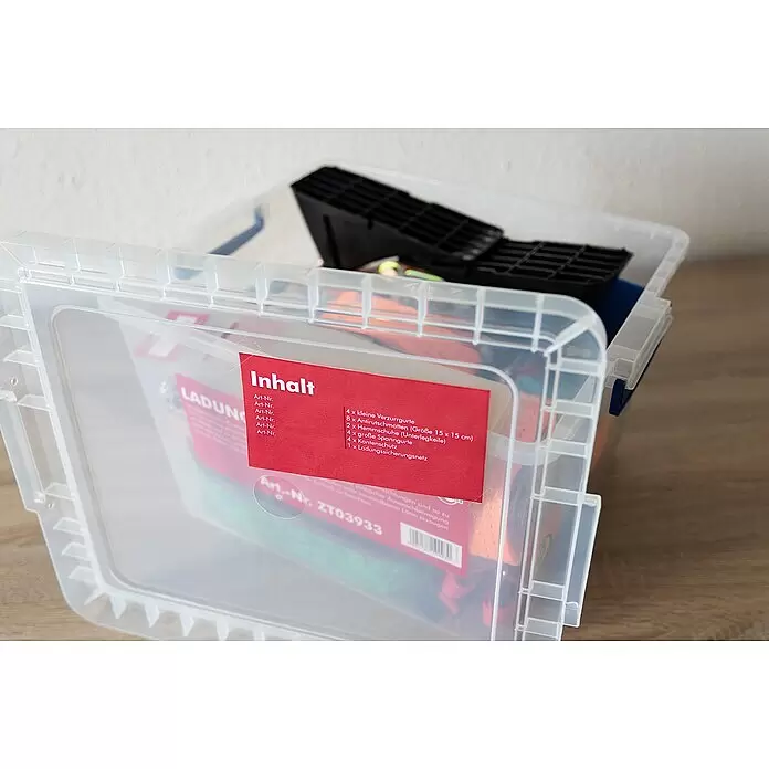 Stema Ladungssicherungs-Set bis LC 2000 daN - 23 -tlg. - Transparente Kunststoffbox mit rotem Etikett, enthält ein Ladungssicherungs-Set (Gurten, Antirutschmatten, Keile).