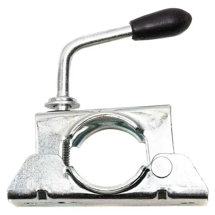 Stema Abstellstütze - 2 Stk., 76 cm, Belastbarkeit: 150 kg, Aluminium, Verzinkt - Nahaufnahme einer verzinkten Rohrhalterung mit schwarzem Griff und einer runden Öffnung für Rohre.
