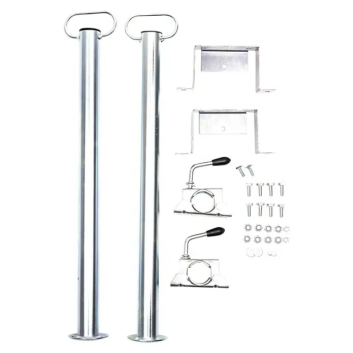 Stema Abstellstütze - 2 Stk., 76 cm, Belastbarkeit: 150 kg, Aluminium, Verzinkt - Abgebildet ist ein Set aus zwei Stahlrohren mit Montagezubehör, ideal für vielfältige Anwendungen.