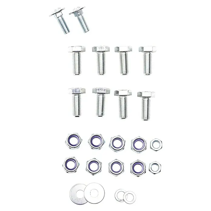Stema Abstellstütze - 2 Stk., 76 cm, Belastbarkeit: 150 kg, Aluminium, Verzinkt - Nahaufnahme von verschiedenen Größen von Bolzen, Muttern und Unterlegscheiben aus Metall, die für Befestigungen verwendet werden.