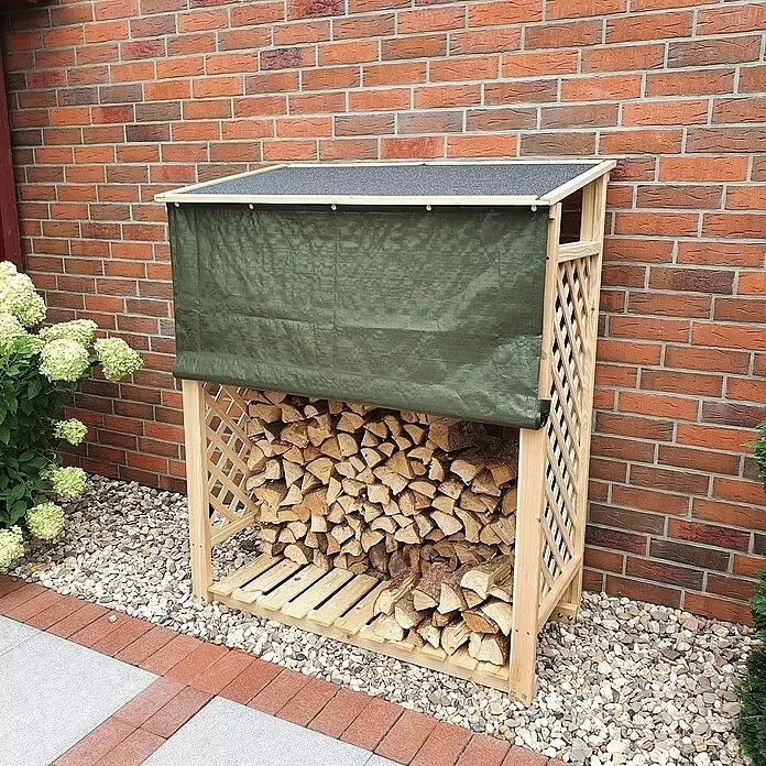 Promadino Kaminholzregal Speyer - 120 x 68 x 148 cm, Holz, Natur, Mit Wetterschutz - Hölzernes Kaminholzregal mit grüner Planenabdeckung, schützt gestapeltes Holz. Für den Außenbereich an einer Ziegelwand.