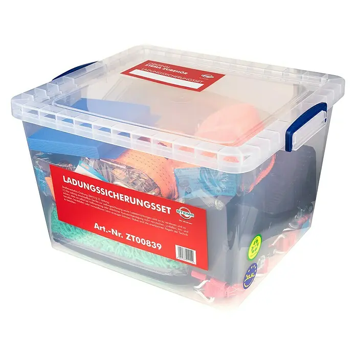 Stema Ladungssicherungs-Set bis LC 2000 daN - 23 -tlg. - Ein Ladungssicherungsset von Stema in einer transparenten Box mit blauem Verschluss, ideal für den sicheren Transport von Gütern.