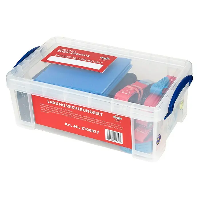 Stema Ladungssicherungs-Set bis LC 400 daN - 10 -tlg. - Ein durchsichtiger Behälter mit blauem Ladungssicherungs-Set von Stema, inklusive Gurten und Planen. Für sicheren Transport von Gütern.