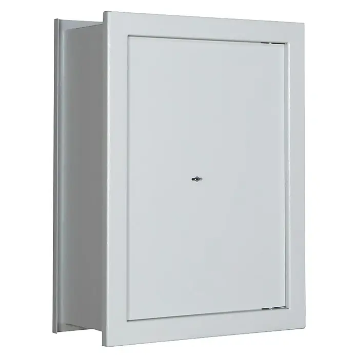 Format Wandtresor FOX 3 - Doppelbart-Hochsicherheitsschloss, L x B x H: 220 x 440 x 600 mm - Weißer Wandsafe mit Schlüsselloch. Ideal zur sicheren Aufbewahrung von Wertsachen im Haus oder Büro, mit robustem und unauffälligem Design.