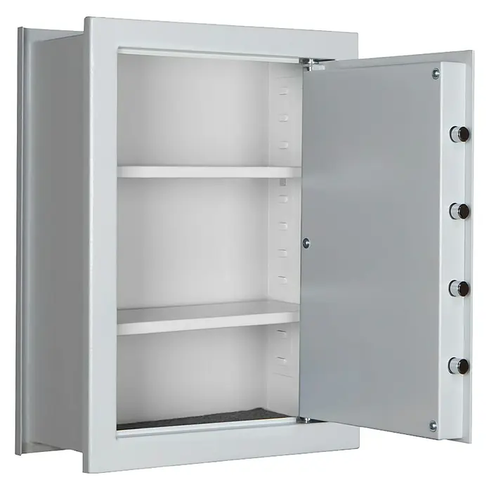Format Wandtresor FOX 3 - Doppelbart-Hochsicherheitsschloss, L x B x H: 220 x 440 x 600 mm - Ein offener, weißer Möbeltresor mit zwei Einlegeböden. Der Tresor ist geräumig und bietet Platz für Wertgegenstände. Ideal für Zuhause oder das Büro.