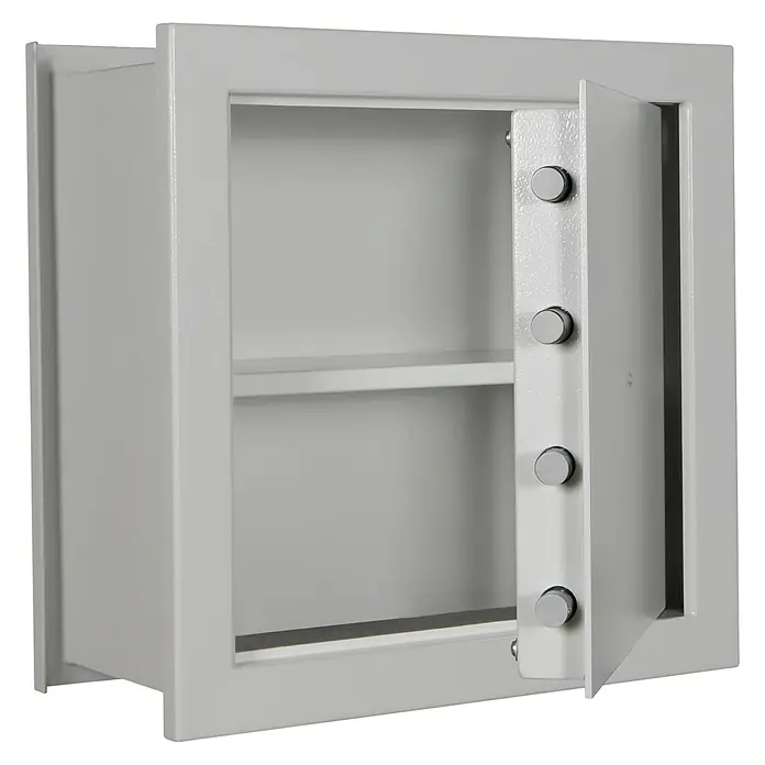 Format Wandtresor FOX 2 - Doppelbart-Hochsicherheitsschloss, L x B x H: 220 x 440 x 440 mm - Ein offener, grauer Safe mit vier runden Knöpfen an der Innenseite der Tür und einem Regal im Inneren.