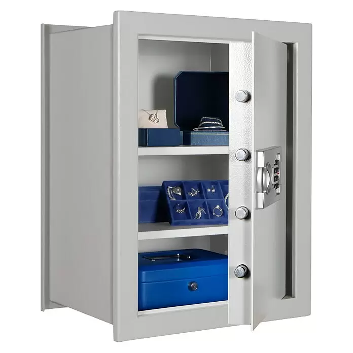 Format Wandtresor FOX 4 - Elektronisches Zahlenschloss, L x B x H: 360 x 440 x 600 mm - Geöffneter hellgrauer Tresor mit Regalen, die blauen Schmuck in Schatullen zeigen.
