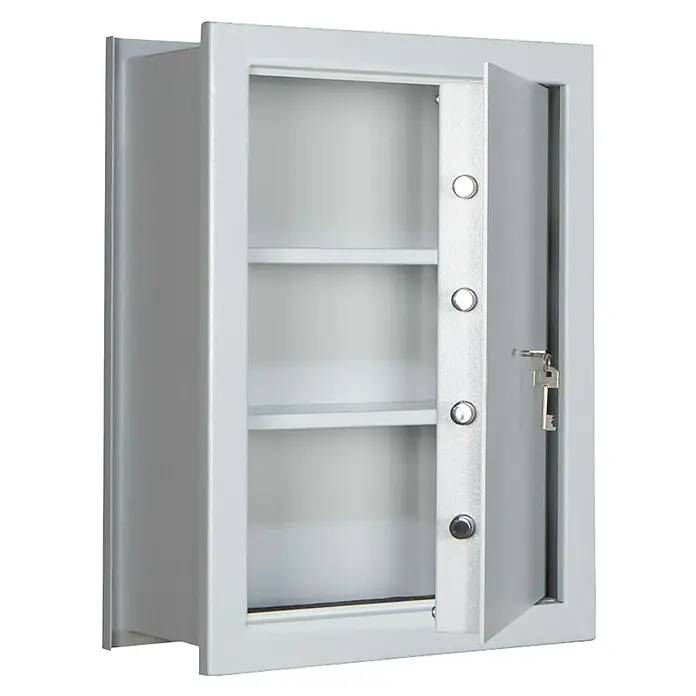 Format Wandtresor FOX 3 - Doppelbart-Hochsicherheitsschloss, L x B x H: 220 x 440 x 600 mm - Ein grauer Tresor mit offener Tür und zwei Regalen im Inneren, ideal für die sichere Aufbewahrung wichtiger Gegenstände.
