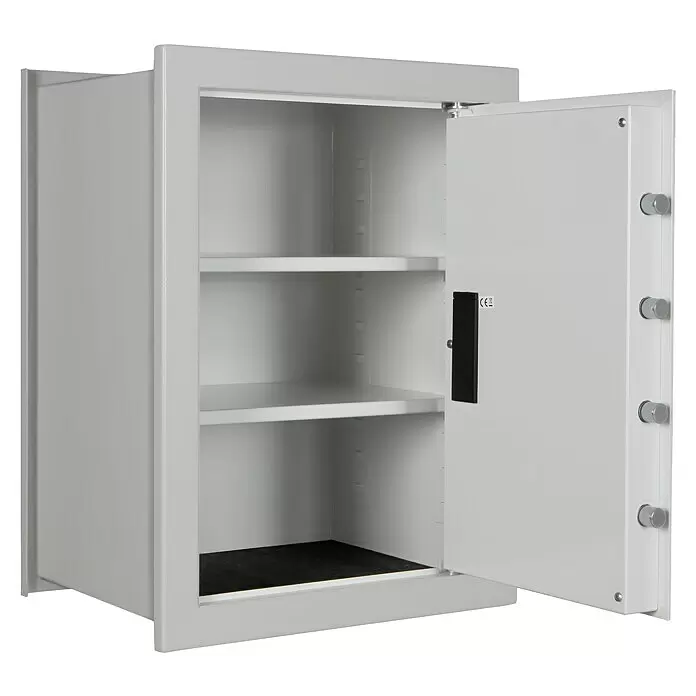 Format Wandtresor FOX 4 - Elektronisches Zahlenschloss, L x B x H: 360 x 440 x 600 mm - Geöffneter hellgrauer Metalltresor mit zwei Innenböden und sichtbaren Verriegelungsbolzen an der Tür.