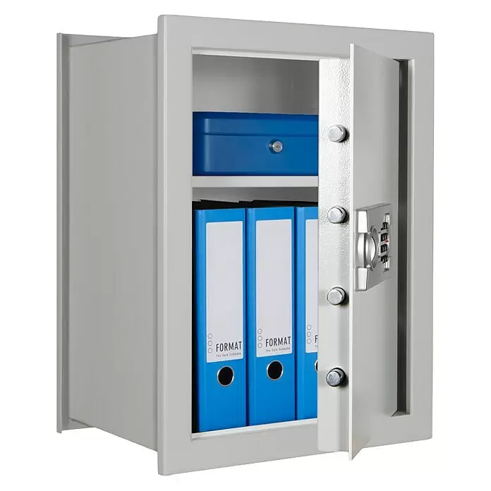 Format Wandtresor FOX 4 - Elektronisches Zahlenschloss, L x B x H: 360 x 440 x 600 mm - Geöffneter grauer Metalltresor mit Digitalschloss, darin eine blaue Kassette und blaue Ordner.