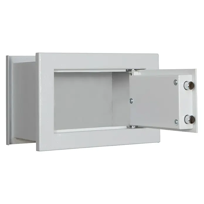 Format Wandtresor FOX 1 - Doppelbart-Hochsicherheitsschloss, L x B x H: 220 x 355 x 240 mm - Offener weißer Wandtresor mit Drehzapfenverriegelung für sichere Aufbewahrung.