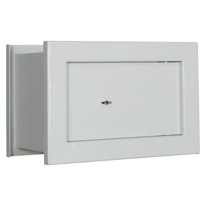 Format Wandtresor FOX 1 - Doppelbart-Hochsicherheitsschloss, L x B x H: 220 x 355 x 240 mm - Abbildung eines weißen Wandsafes mit abschließbarer Tür, ideal zur sicheren Aufbewahrung von Wertgegenständen im Haus oder im Büro.