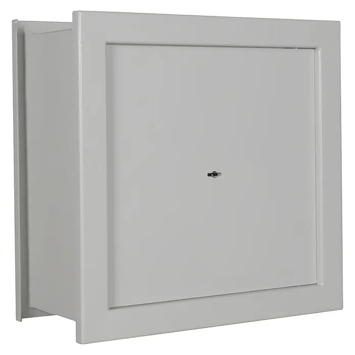 Format Wandtresor FOX 2 - Doppelbart-Hochsicherheitsschloss, L x B x H: 220 x 440 x 440 mm - Ein weißer, quadratischer Wandsafe mit Schlüsselverschluss, ideal zur sicheren Aufbewahrung von Wertsachen in Ihrem Zuhause oder Büro.