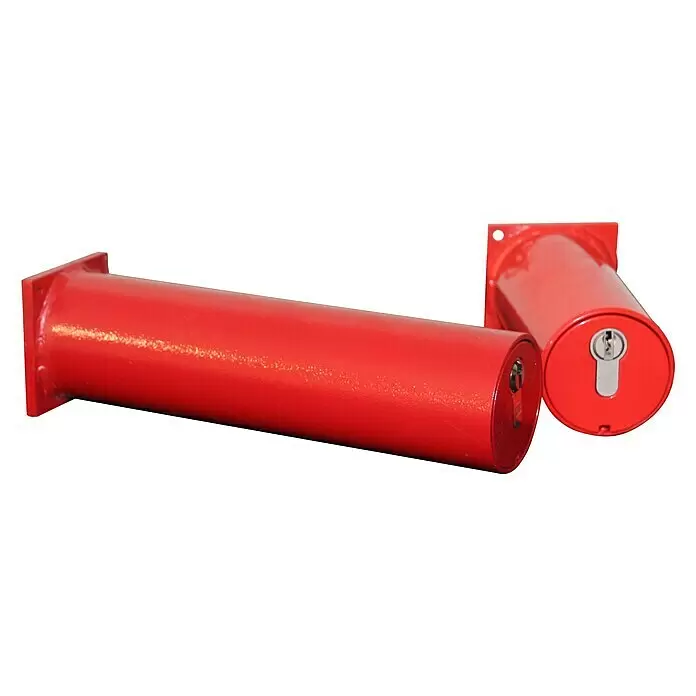 Format Rohrtresor R 2 - Länge: 240 mm, Stahl, Ausstattung: 2 Geldbomben - Zwei rote, zylindrische Metall-Sicherheitspoller mit Schlüssellöchern und quadratischen Sockeln.