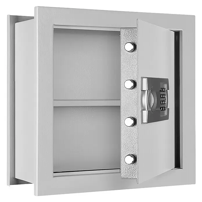 Format Wandtresor FOX 2 - Elektronisches Zahlenschloss, L x B x H: 220 x 440 x 440 mm - Geöffneter grauer Metalltresor mit Regalböden und digitalem Zahlenschloss.