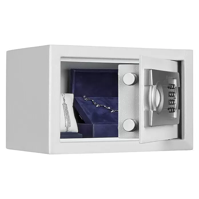 Format Möbeltresor TIGER S - L x B x H: 220 x 310 x 200 mm, Elektronisches Zahlenschloss - Geöffneter weißer Safe mit Digitalschloss, enthält blauen Schmuckkasten, Armband und Ohrring.