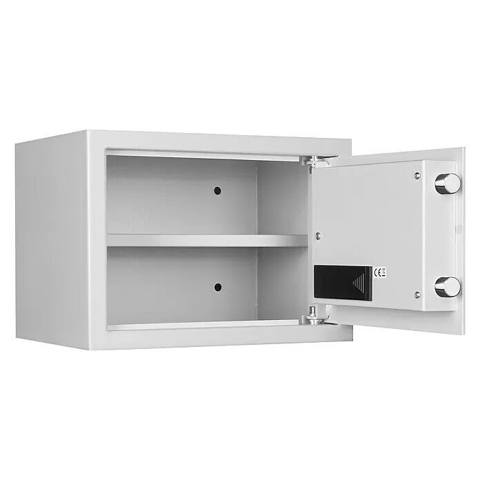 Format Möbeltresor TIGER M - L x B x H: 250 x 350 x 250 mm, Elektronisches Zahlenschloss - Geöffneter hellgrauer Metallsafe mit Innenablage, der den Verriegelungsmechanismus und Chrombolzen der Tür zeigt.
