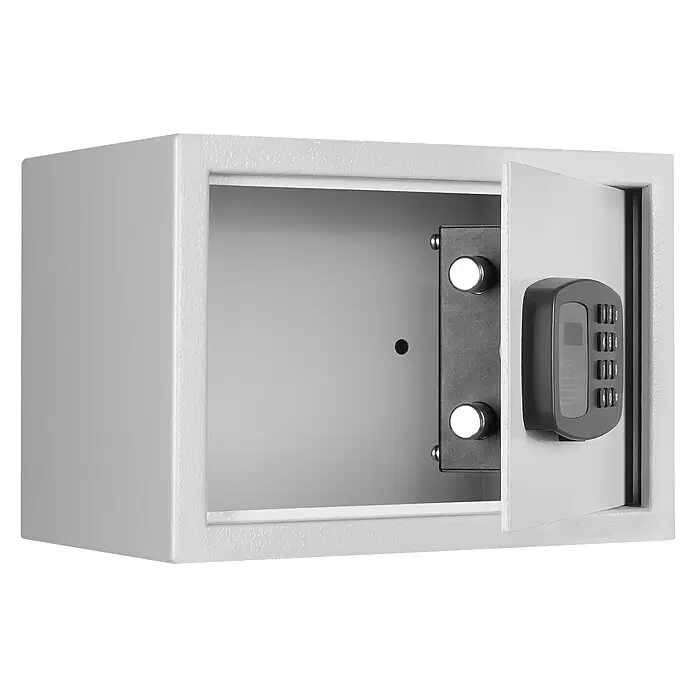Format Möbeltresor PANTHER - L x B x H: 250 x 350 x 250 mm, Elektronisches Zahlenschloss, Volumen: 14 l - Offener grauer Metalltresor mit digitalem Tastenfeld an der Türinnenseite und sichtbaren Verriegelungsbolzen.