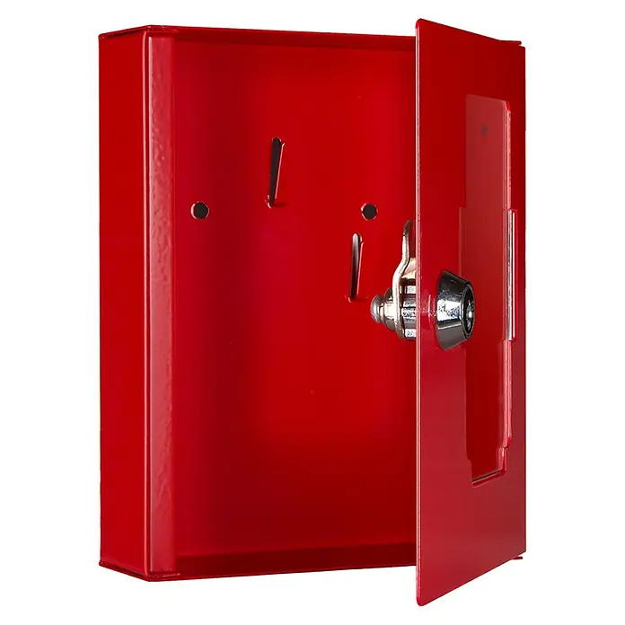 Format Notschlüsselkasten NS 2 - L x B x H: 34 x 120 x 150 mm - Nahaufnahme eines roten Schlüsseltresors mit geöffneter Tür und silbernem Schloss, der Sicherheit und Organisation bietet.