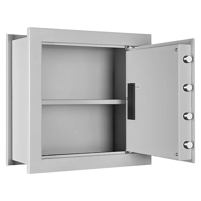 Format Wandtresor FOX 2 - Elektronisches Zahlenschloss, L x B x H: 220 x 440 x 440 mm - Offener grauer Metalltresor mit Innenfach und schwarzem Griff an der Tür, mit mehreren Verriegelungsbolzen.