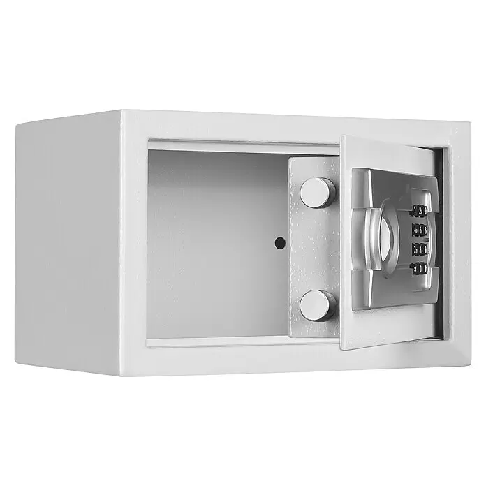Format Möbeltresor TIGER S - L x B x H: 220 x 310 x 200 mm, Elektronisches Zahlenschloss - Ein offener, hellgrauer Metallsafe mit digitalem Zahlenschloss. Der Innenraum ist sichtbar.