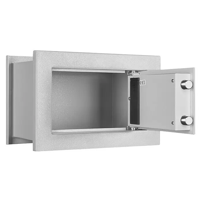 Format Wandtresor FOX 1 - Elektronisches Zahlenschloss, L x B x H: 220 x 355 x 240 mm - Offener hellgrauer Einbautresor mit strukturierter Metalloberfläche und leicht geöffneter Tür, die das leere Innere zeigt.
