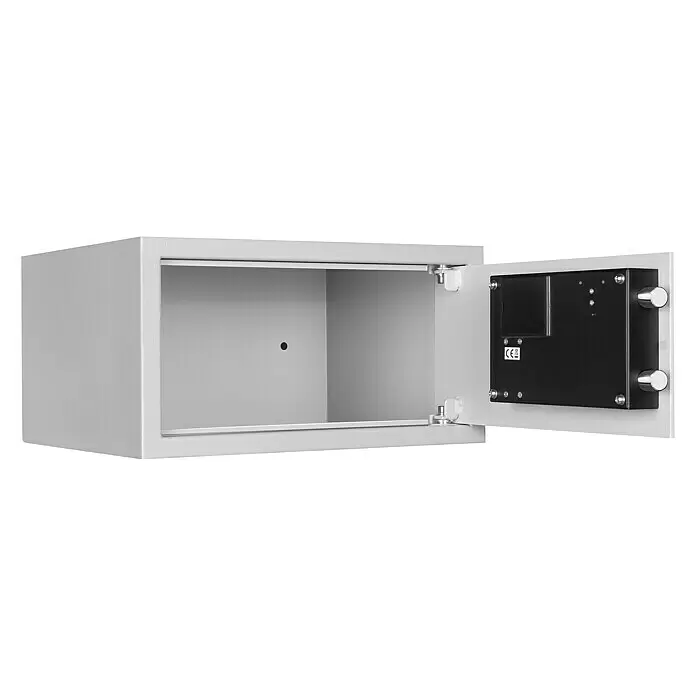 Format Möbeltresor PANTHER - L x B x H: 250 x 350 x 250 mm, Elektronisches Zahlenschloss, Volumen: 27 l - Offener, leerer grauer Metalltresor mit weit geöffneter Tür, der den Verriegelungsmechanismus zeigt.