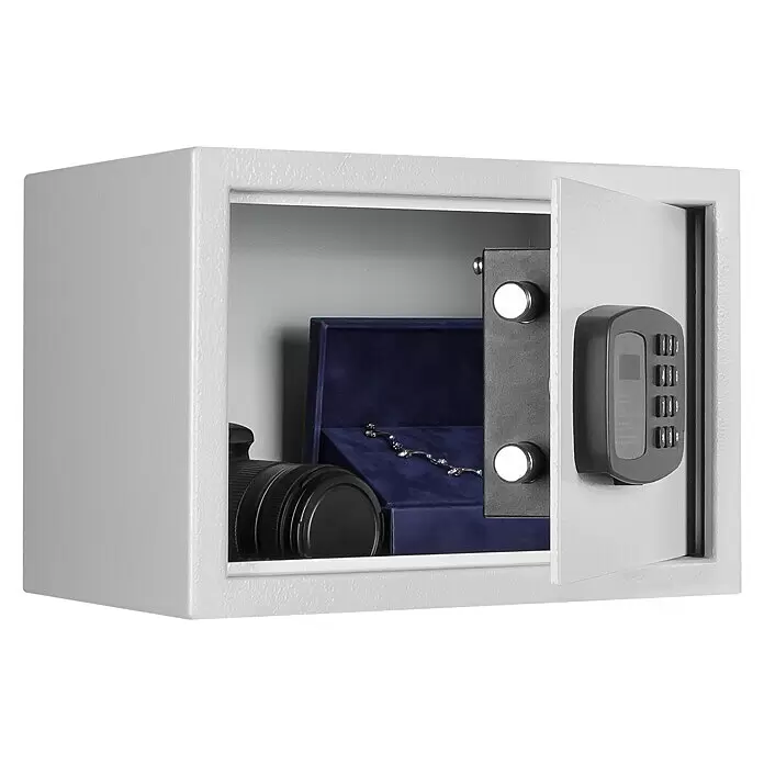 Format Möbeltresor PANTHER - L x B x H: 250 x 350 x 250 mm, Elektronisches Zahlenschloss, Volumen: 14 l - Offener grauer Safe mit digitalem Tastenfeld, enthält eine Kameralinse und eine blaue Samtschmuckschatulle mit Halskette.