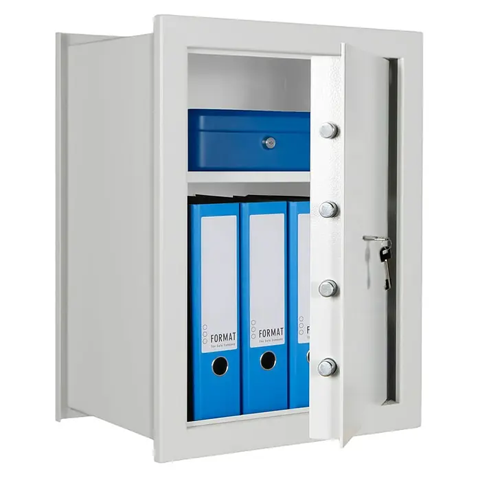Format Wandtresor FOX 4 - Doppelbart-Hochsicherheitsschloss, L x B x H: 360 x 440 x 600 mm - Abbildung eines weißen Tresors mit blauen Aktenordnern und einem blauen Kasten. Der Tresor bietet sicheren Stauraum für wichtige Dokumente.
